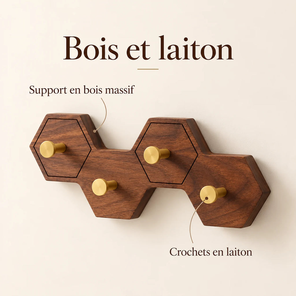 Crochet mural nid d’abeille bois brun, 4 crochets en laiton, support en bois massif et crochets en laiton