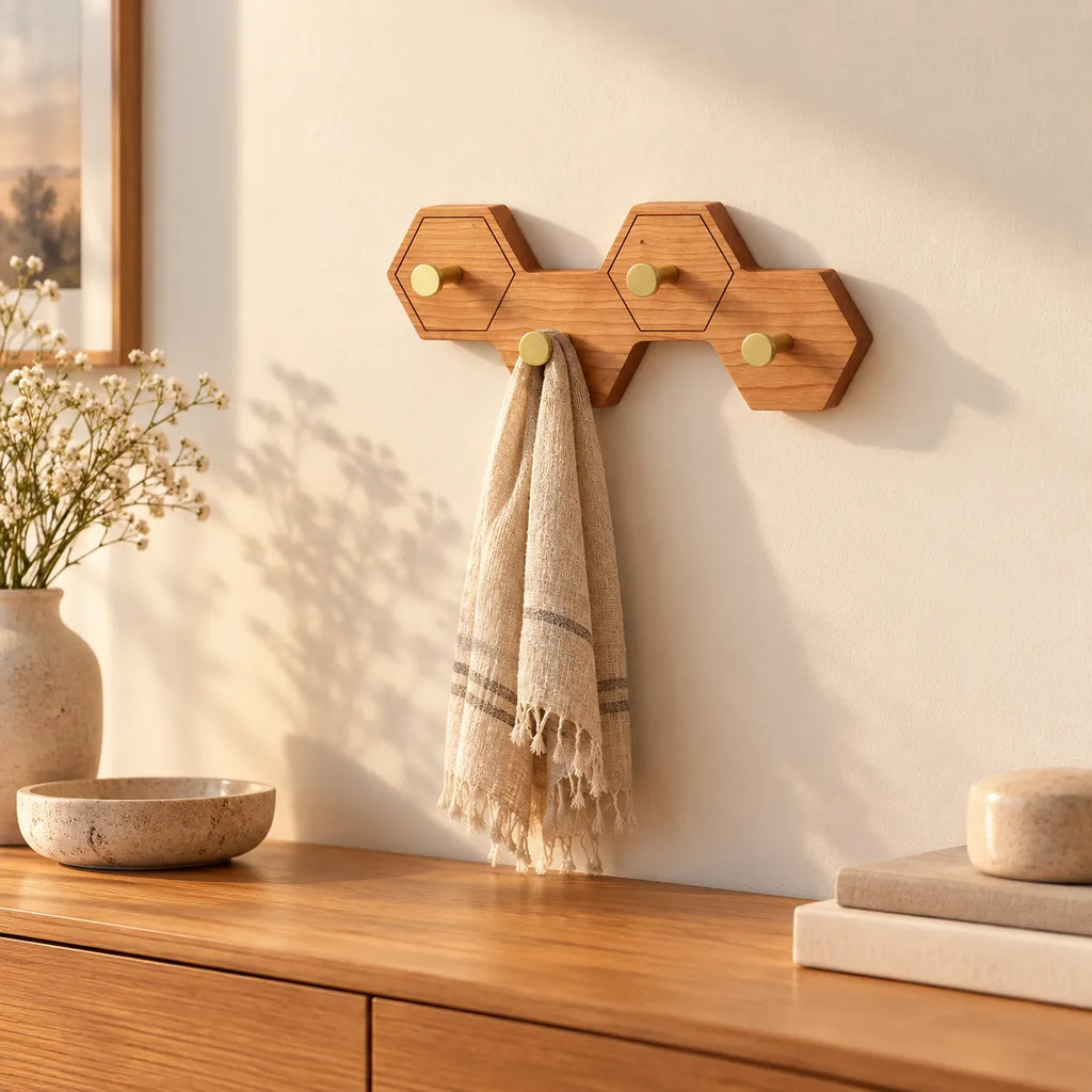 Crochet mural nid d’abeille bois clair, 4 crochets en laiton, dans une chambre