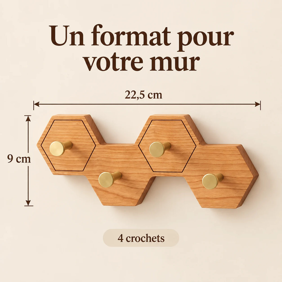 Crochet mural nid d’abeille bois clair, 4 crochets en laiton, dimensions du support