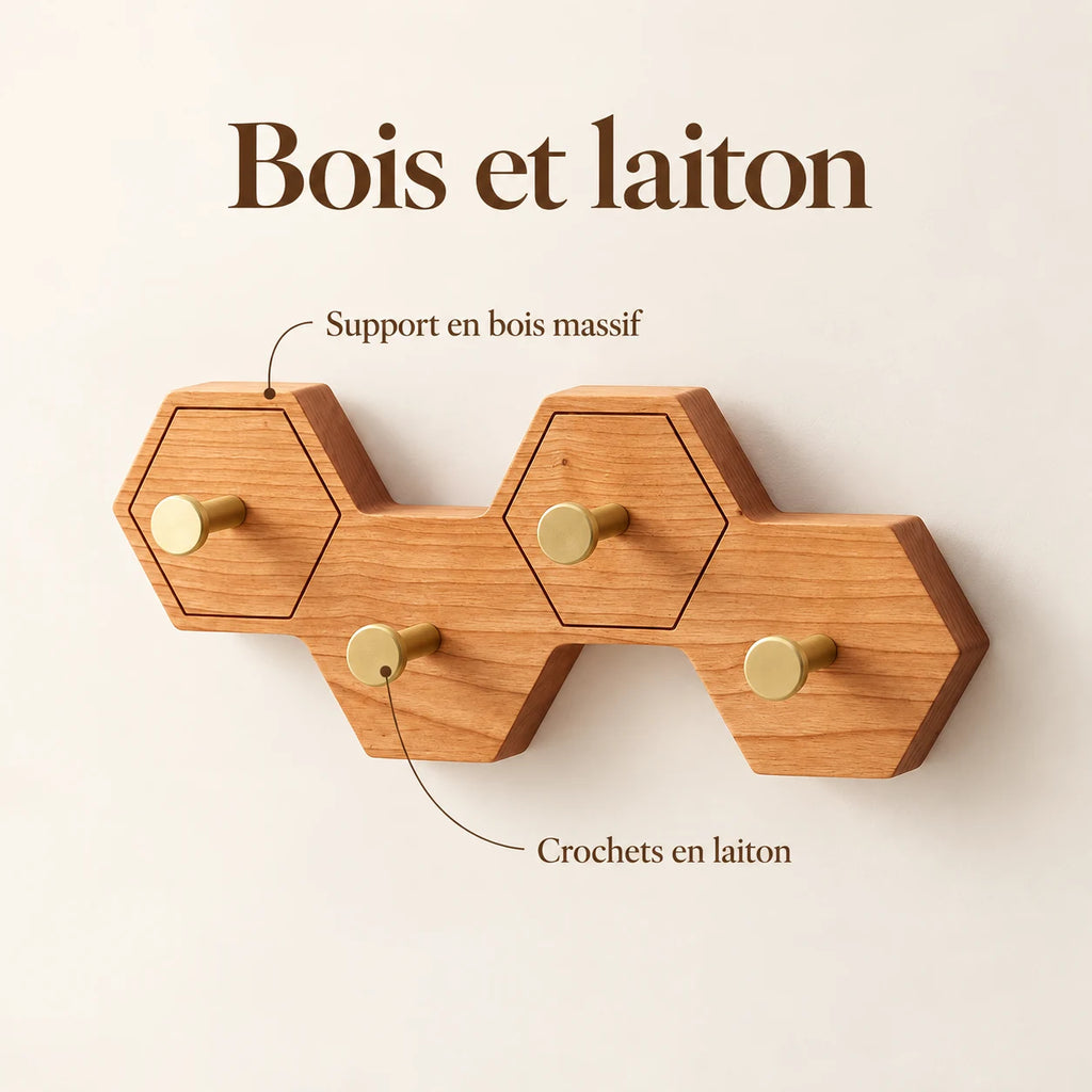 Crochet mural nid d’abeille bois clair, 4 crochets en laiton, support en bois massif et crochets en laiton