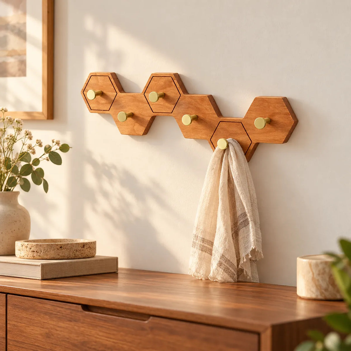 Crochet mural nid d’abeille bois clair, 6 crochets en laiton, dans une chambre