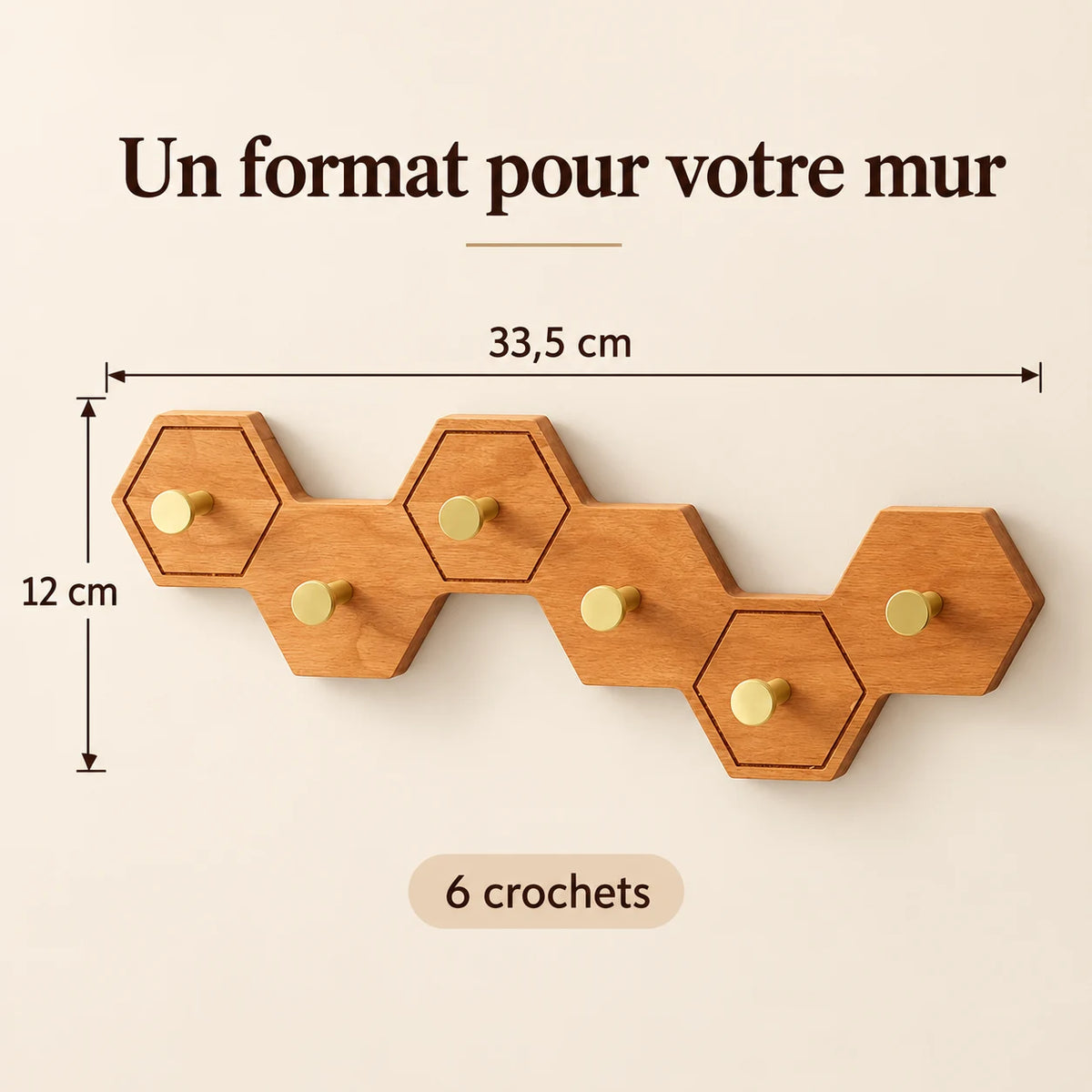 Crochet mural nid d’abeille bois clair, 6 crochets en laiton, dimensions du support