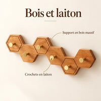 Crochet mural nid d’abeille bois clair, 6 crochets en laiton, support en bois massif et crochets en laiton