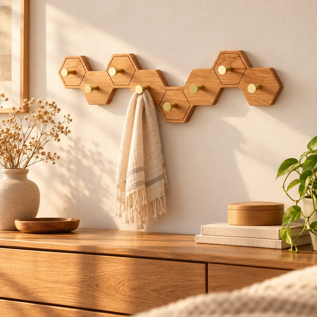 Crochet mural nid d’abeille bois clair, 8 crochets en laiton, dans une chambre