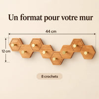 Crochet mural nid d’abeille bois clair, 8 crochets en laiton, dimensions du support