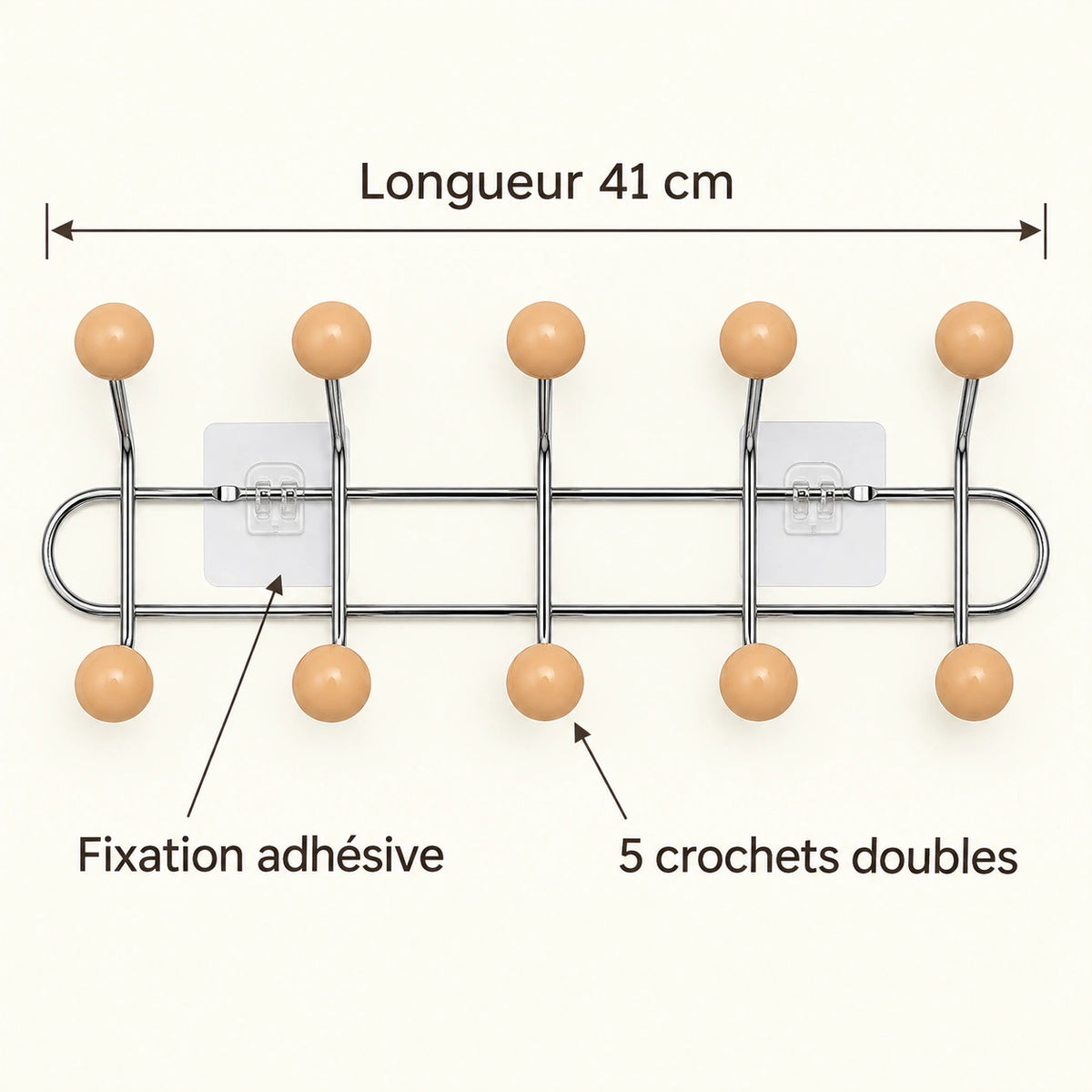 Crochet mural adhésif abricot M - 41 cm : infographie des dimensions et du nombre de crochets