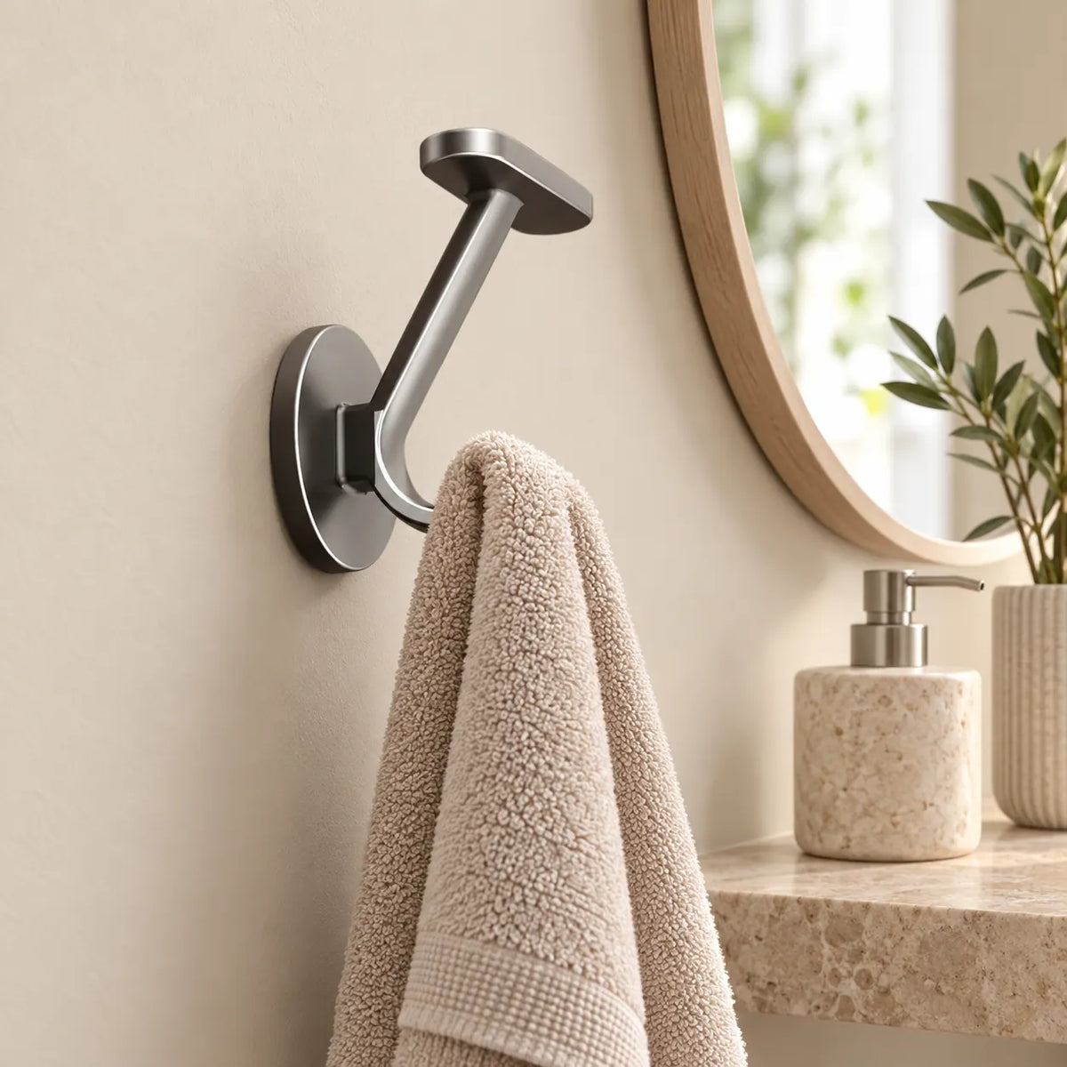 Crochet mural adhésif gris 1 crochet : installé dans une salle de bain claire