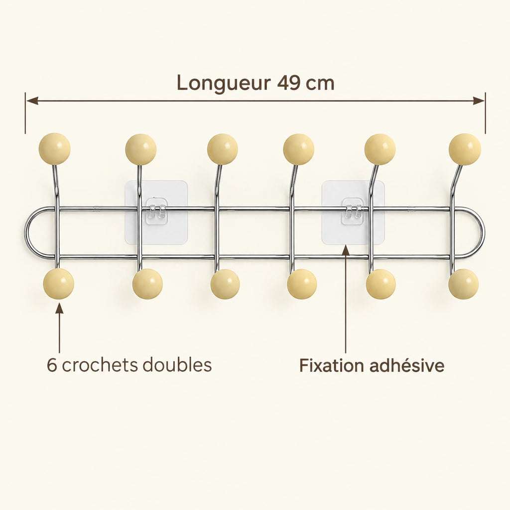 Crochet mural adhésif beige L - 49 cm : infographie des dimensions et du nombre de crochets