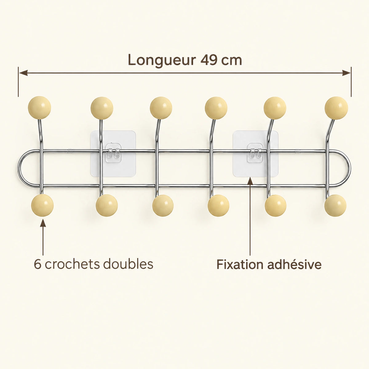 Crochet mural adhésif beige L - 49 cm : infographie des dimensions et du nombre de crochets