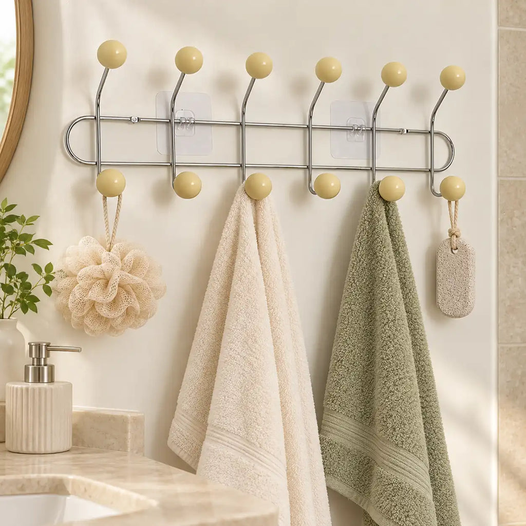 Crochet mural adhésif beige L - 49 cm : installé dans une salle de bain claire