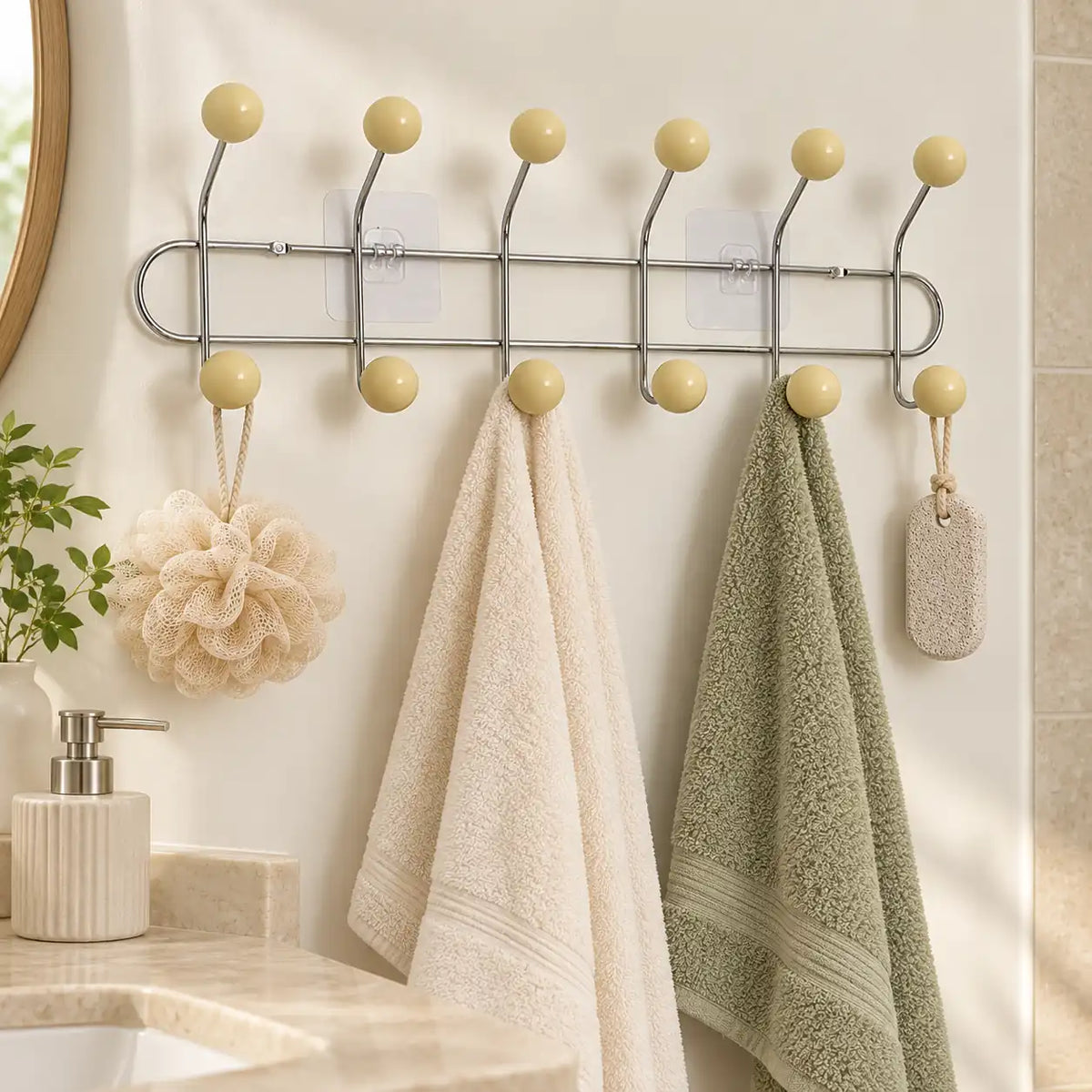 Crochet mural adhésif beige L - 49 cm : installé dans une salle de bain claire