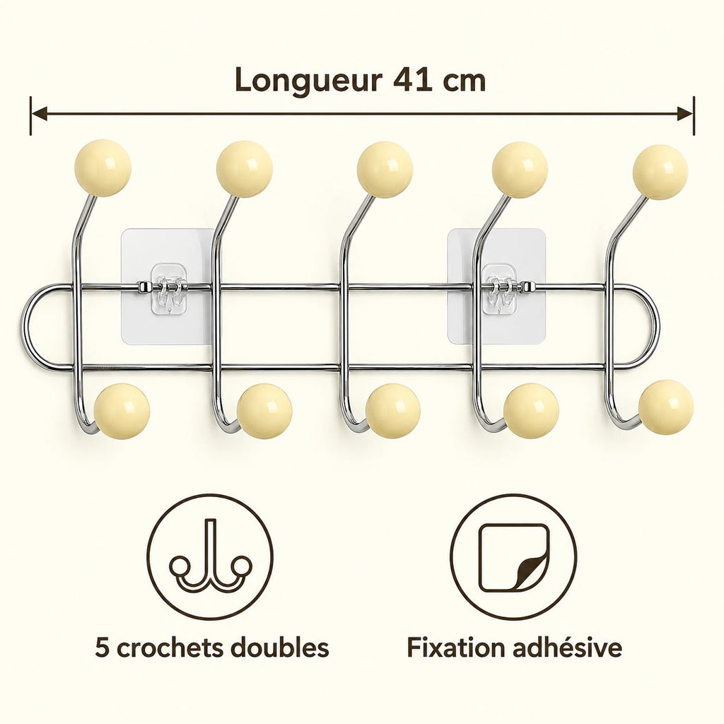 Crochet mural adhésif beige M - 41 cm : infographie des dimensions et du nombre de crochets