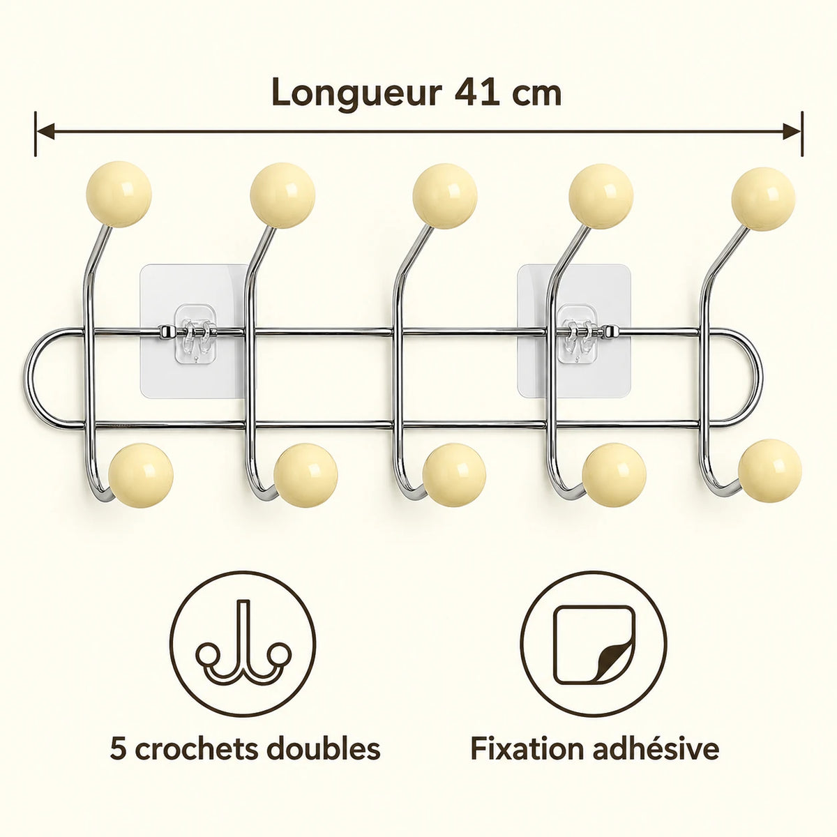 Crochet mural adhésif beige M - 41 cm : infographie des dimensions et du nombre de crochets