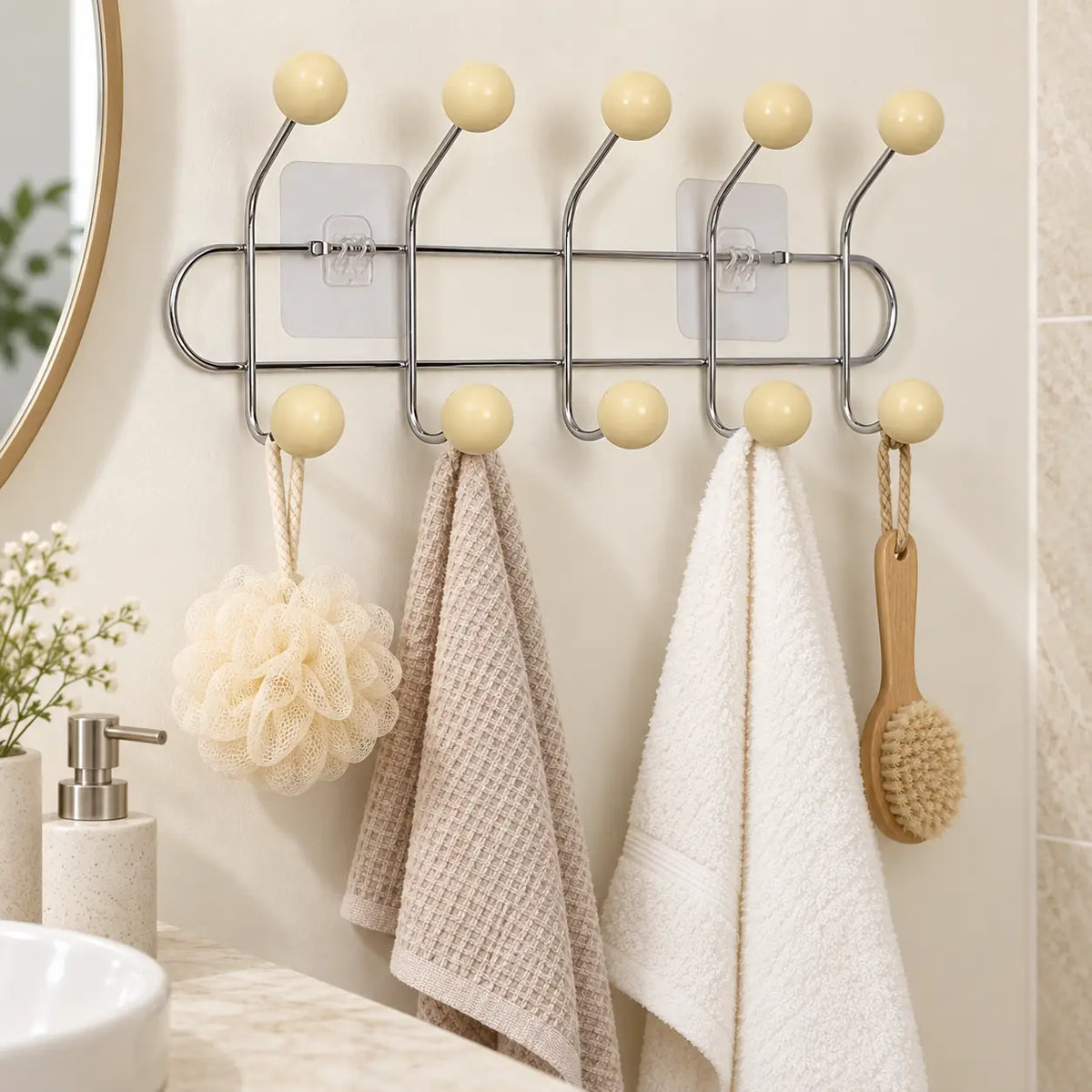 Crochet mural adhésif beige M - 41 cm : installé dans une salle de bain claire