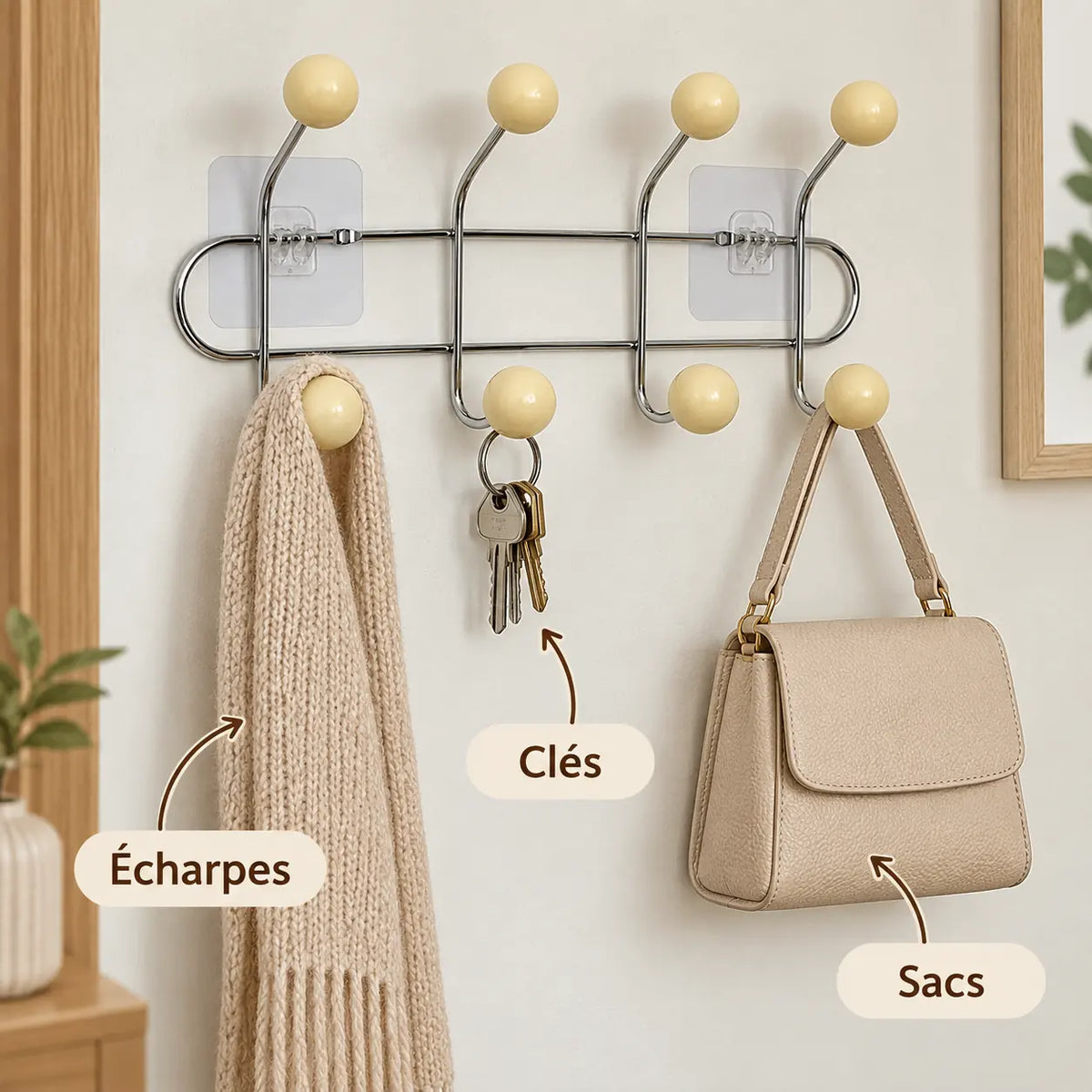 Crochet mural adhésif beige S - 33 cm : avec clés, écharpe et accessoires suspendus