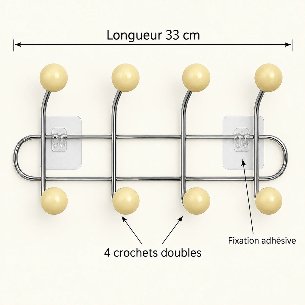 Crochet mural adhésif beige S - 33 cm : infographie des dimensions et du nombre de crochets