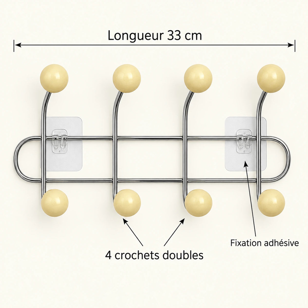 Crochet mural adhésif beige S - 33 cm : infographie des dimensions et du nombre de crochets