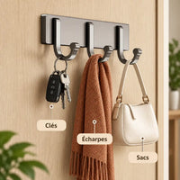 Crochet mural gris 3 crochets - 21,7 cm : avec clés, écharpe et accessoires suspendus