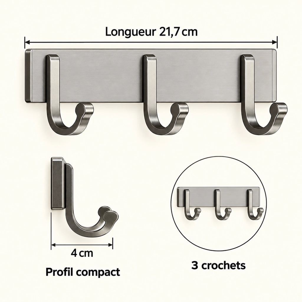 Crochet mural gris 3 crochets - 21,7 cm : infographie des dimensions et du nombre de crochets