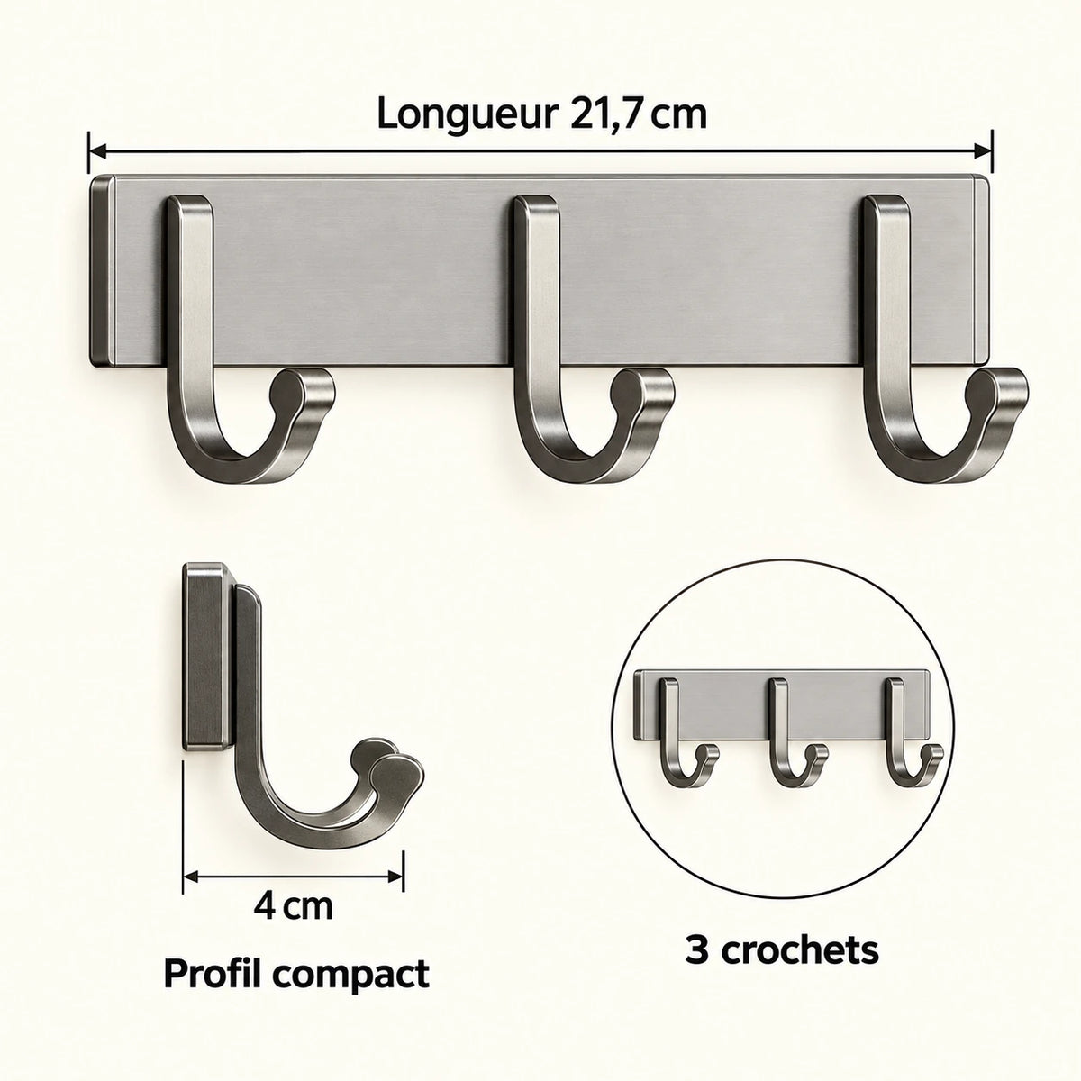 Crochet mural gris 3 crochets - 21,7 cm : infographie des dimensions et du nombre de crochets