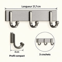 Crochet mural gris 3 crochets - 21,7 cm : infographie des dimensions et du nombre de crochets