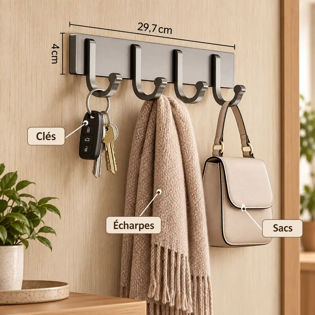 Crochet mural gris 4 crochets - 29,7 cm : avec clés, écharpe et accessoires suspendus