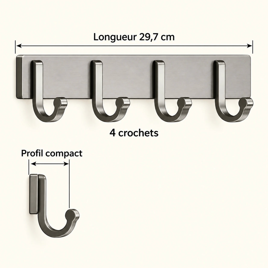 Crochet mural gris 4 crochets - 29,7 cm : infographie des dimensions et du nombre de crochets