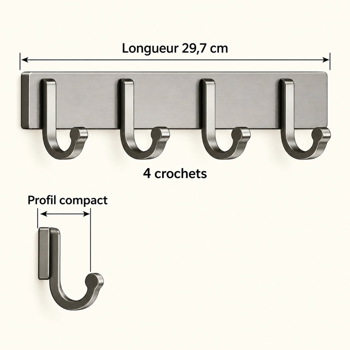 Crochet mural gris 4 crochets - 29,7 cm : infographie des dimensions et du nombre de crochets