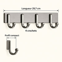 Crochet mural gris 4 crochets - 29,7 cm : infographie des dimensions et du nombre de crochets
