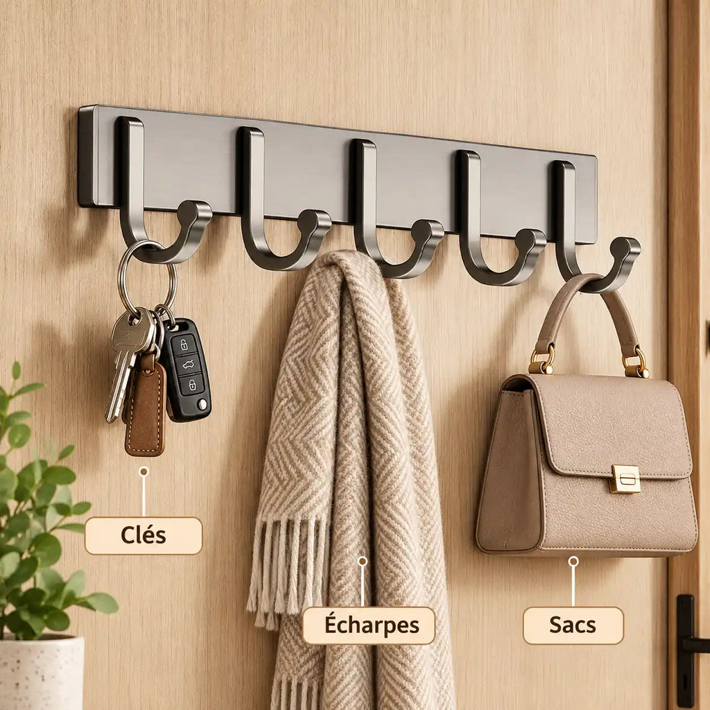 Crochet mural gris 5 crochets - 38 cm : avec clés, écharpe et accessoires suspendus