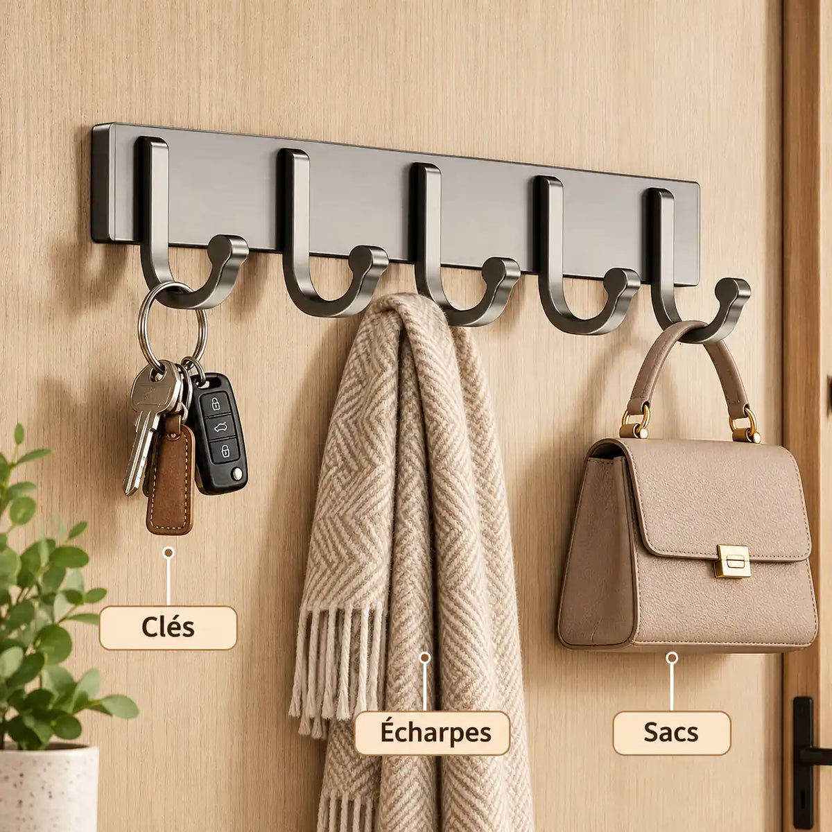Crochet mural gris 5 crochets - 38 cm : avec clés, écharpe et accessoires suspendus