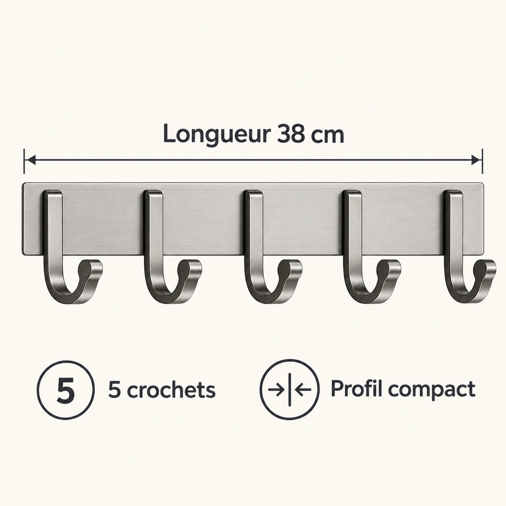 Crochet mural gris 5 crochets - 38 cm : infographie des dimensions et du nombre de crochets