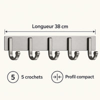 Crochet mural gris 5 crochets - 38 cm : infographie des dimensions et du nombre de crochets