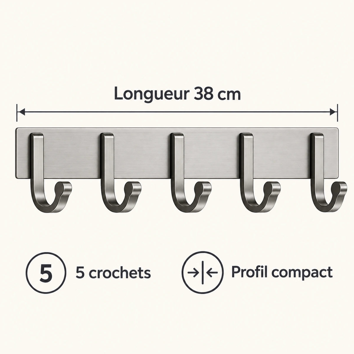Crochet mural gris 5 crochets - 38 cm : infographie des dimensions et du nombre de crochets