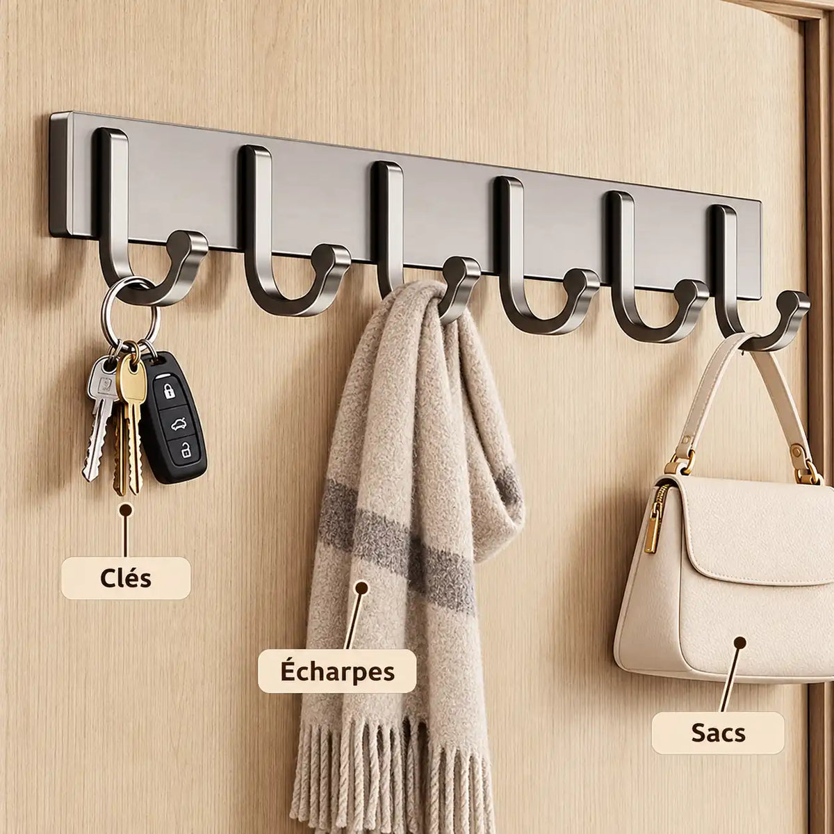 Crochet mural gris 6 crochets - 45,7 cm : avec clés, écharpe et accessoires suspendus