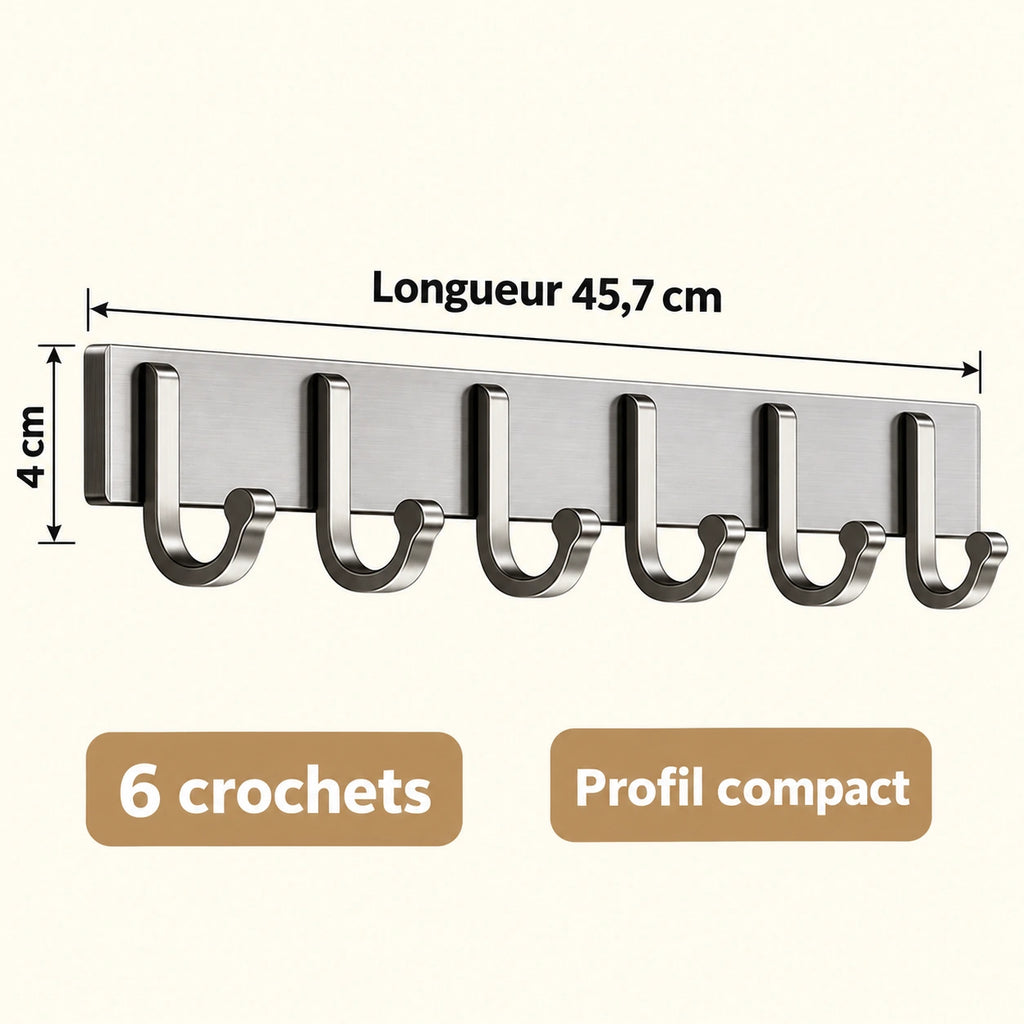 Crochet mural gris 6 crochets - 45,7 cm : infographie des dimensions et du nombre de crochets