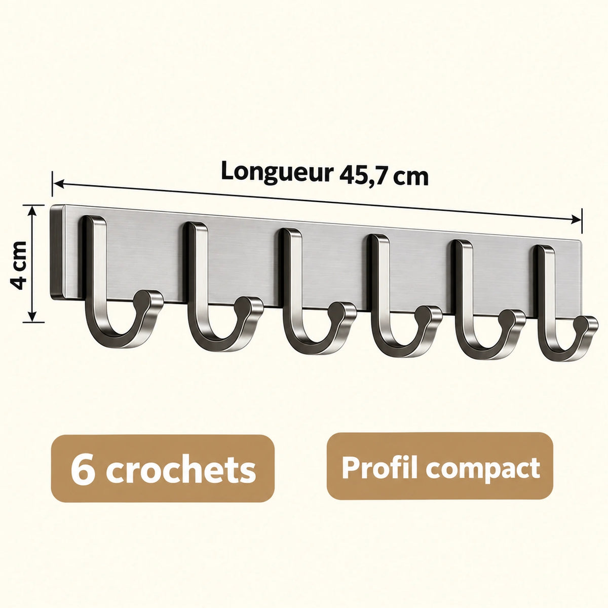 Crochet mural gris 6 crochets - 45,7 cm : infographie des dimensions et du nombre de crochets