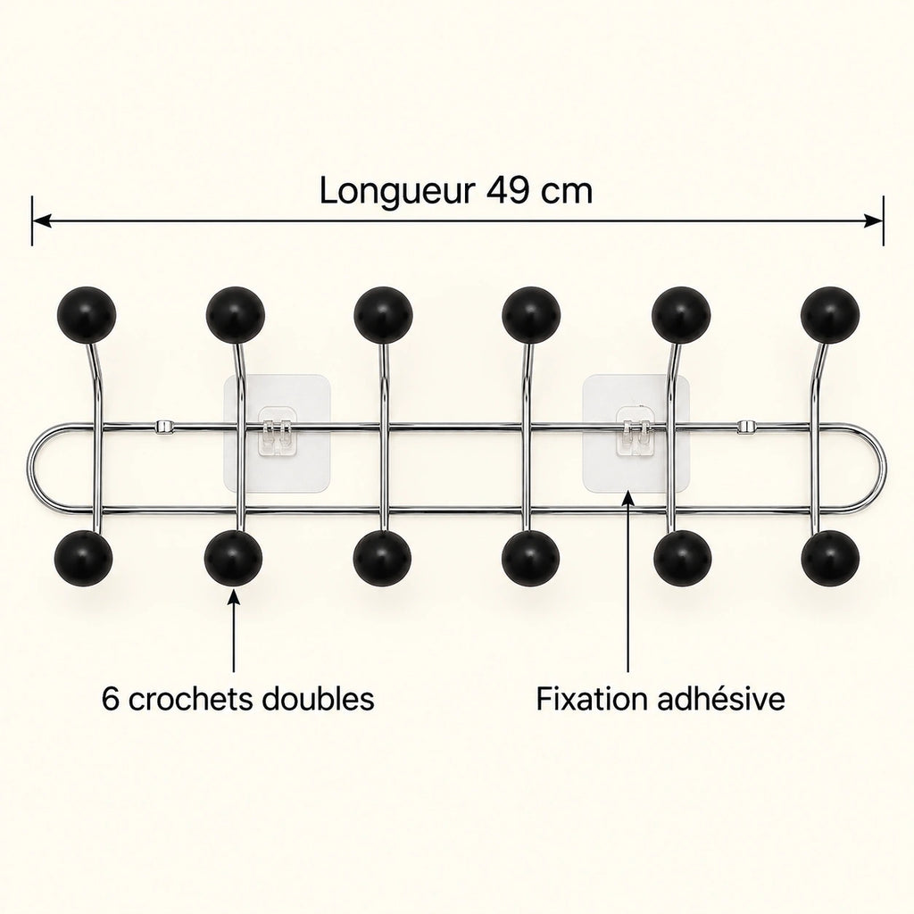 Crochet mural adhésif noir bois L - 49 cm : infographie des dimensions et du nombre de crochets