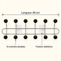 Crochet mural adhésif noir bois L - 49 cm : infographie des dimensions et du nombre de crochets