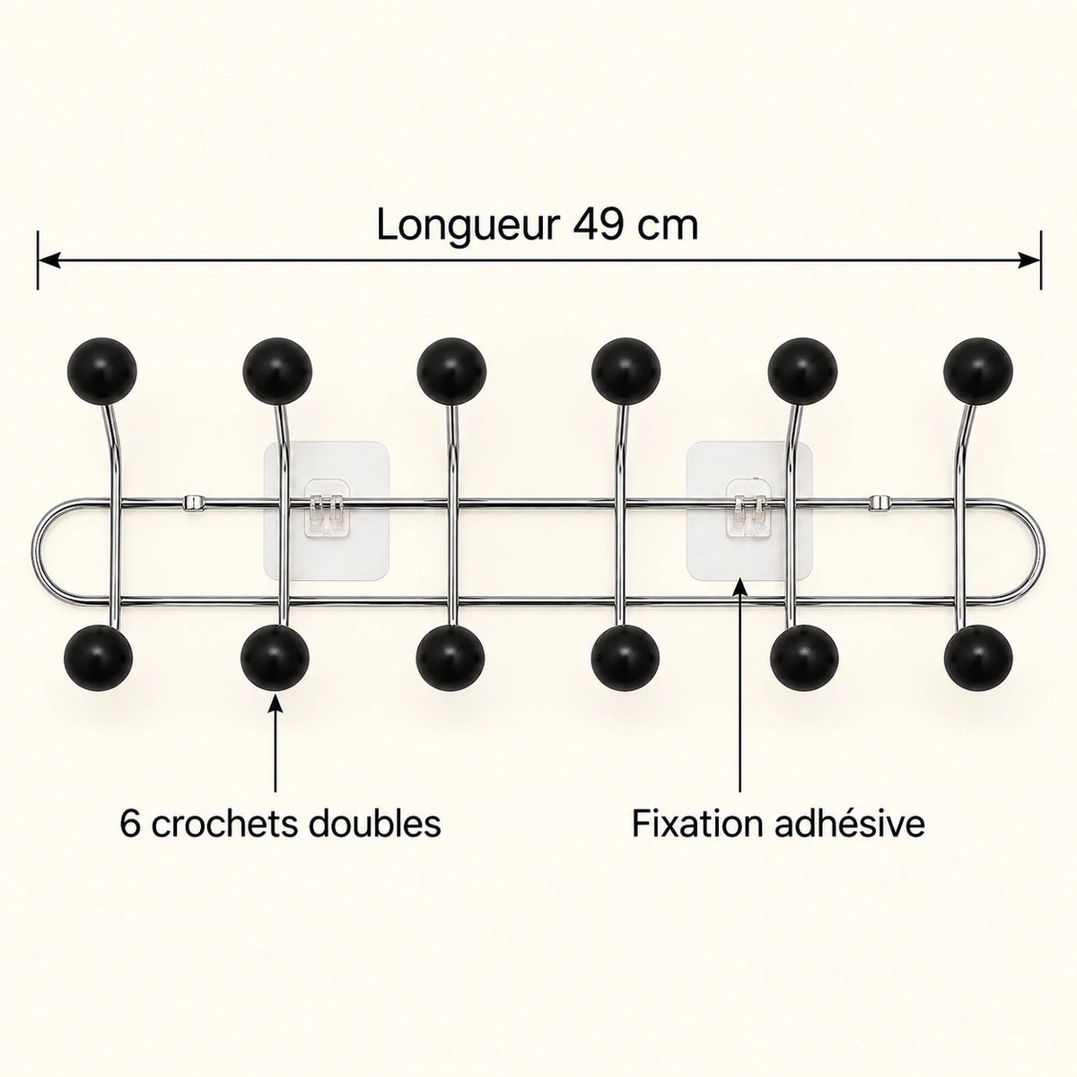 Crochet mural adhésif noir bois L - 49 cm : infographie des dimensions et du nombre de crochets