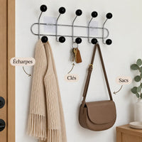 Crochet mural adhésif noir bois M - 41 cm : avec clés, écharpe et accessoires suspendus