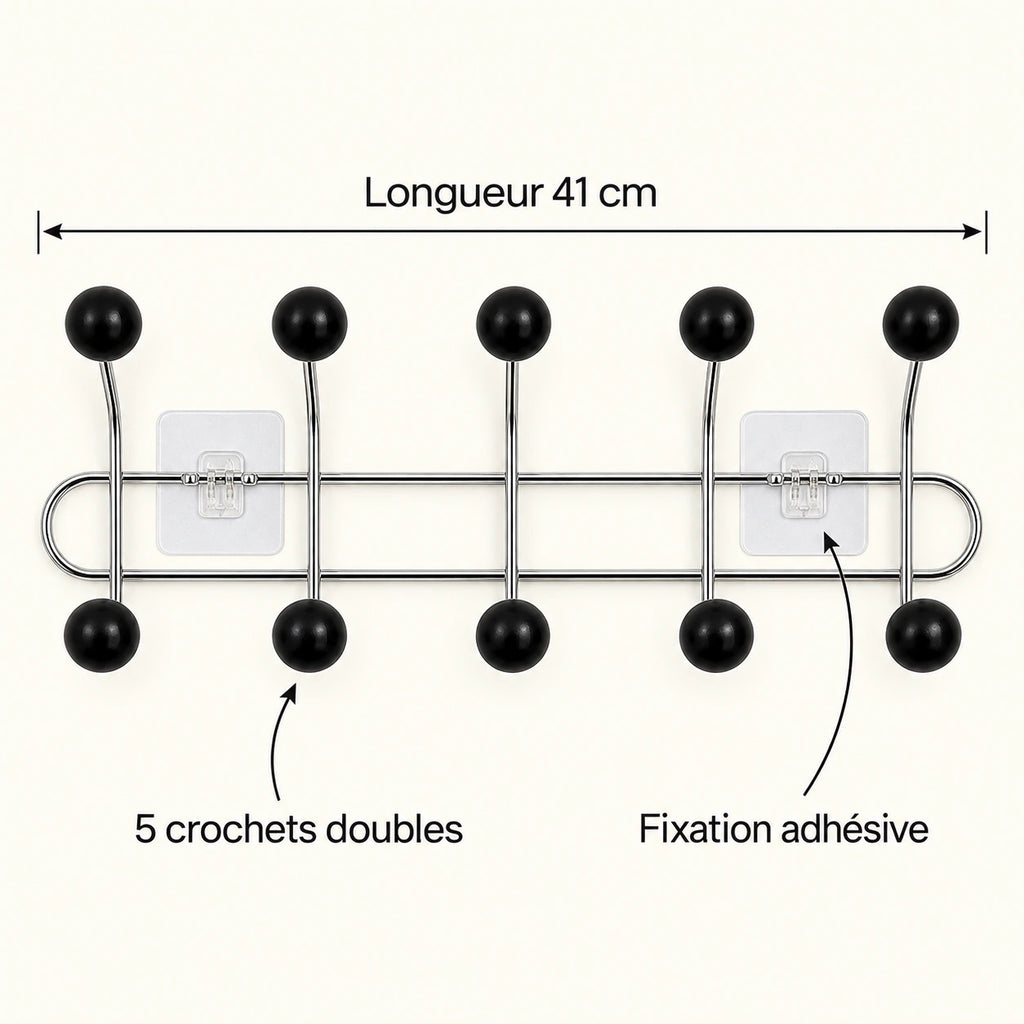 Crochet mural adhésif noir bois M - 41 cm : infographie des dimensions et du nombre de crochets