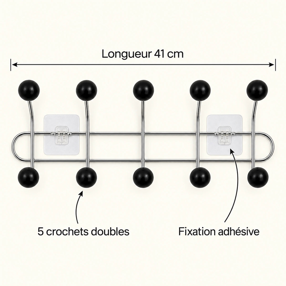 Crochet mural adhésif noir bois M - 41 cm : infographie des dimensions et du nombre de crochets
