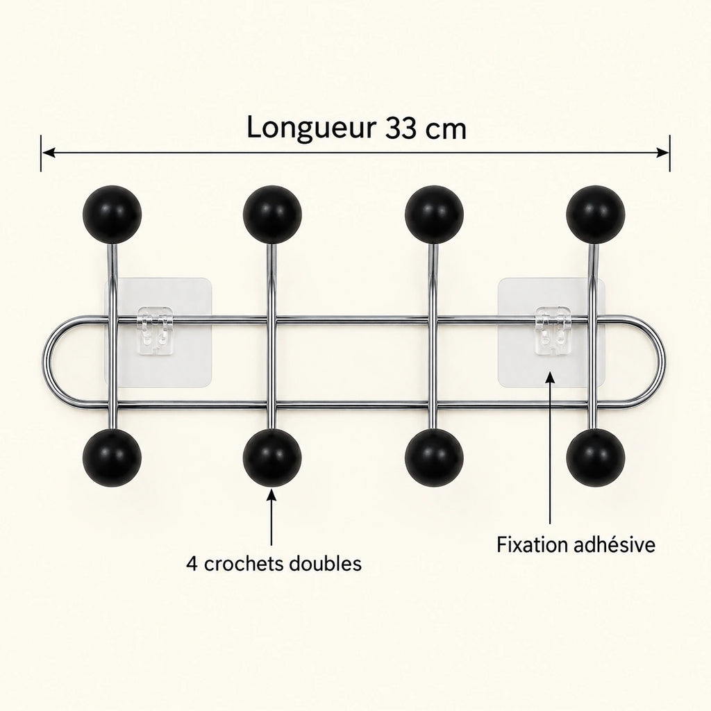 Crochet mural adhésif noir bois S - 33 cm : infographie des dimensions et du nombre de crochets