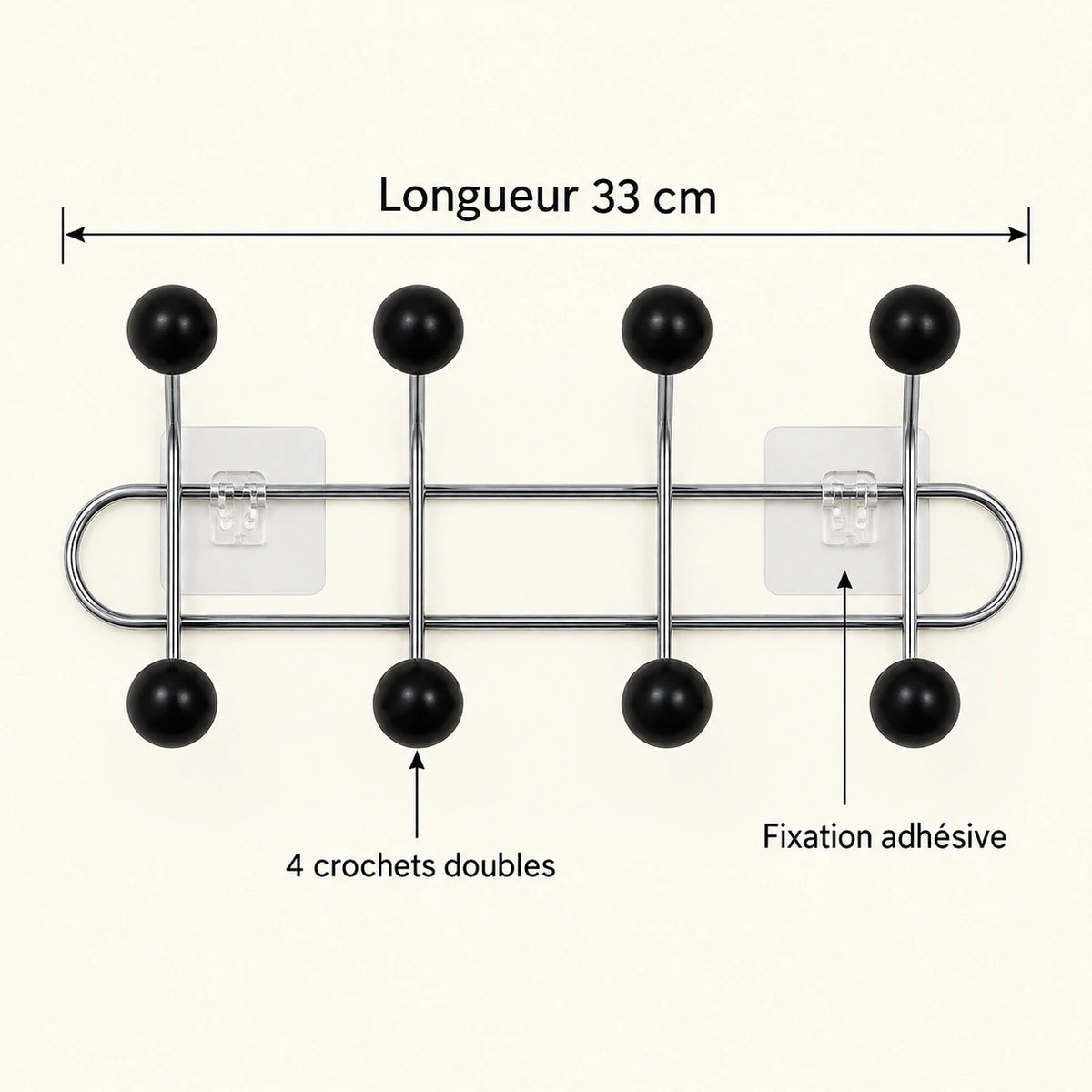 Crochet mural adhésif noir bois S - 33 cm : infographie des dimensions et du nombre de crochets