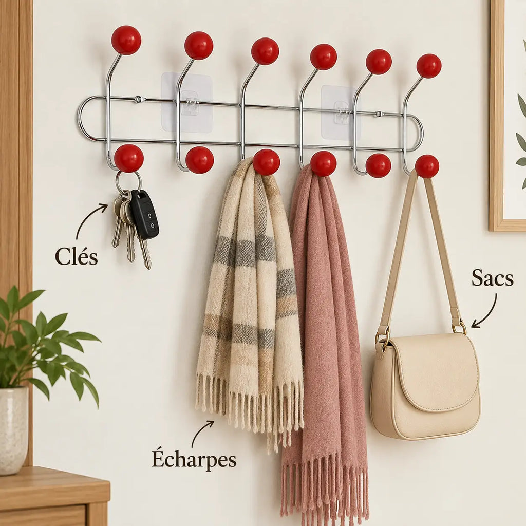 Crochet mural adhésif rouge L - 49 cm : avec clés, écharpe et accessoires suspendus