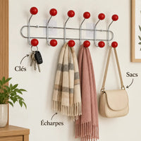 Crochet mural adhésif rouge L - 49 cm : avec clés, écharpe et accessoires suspendus