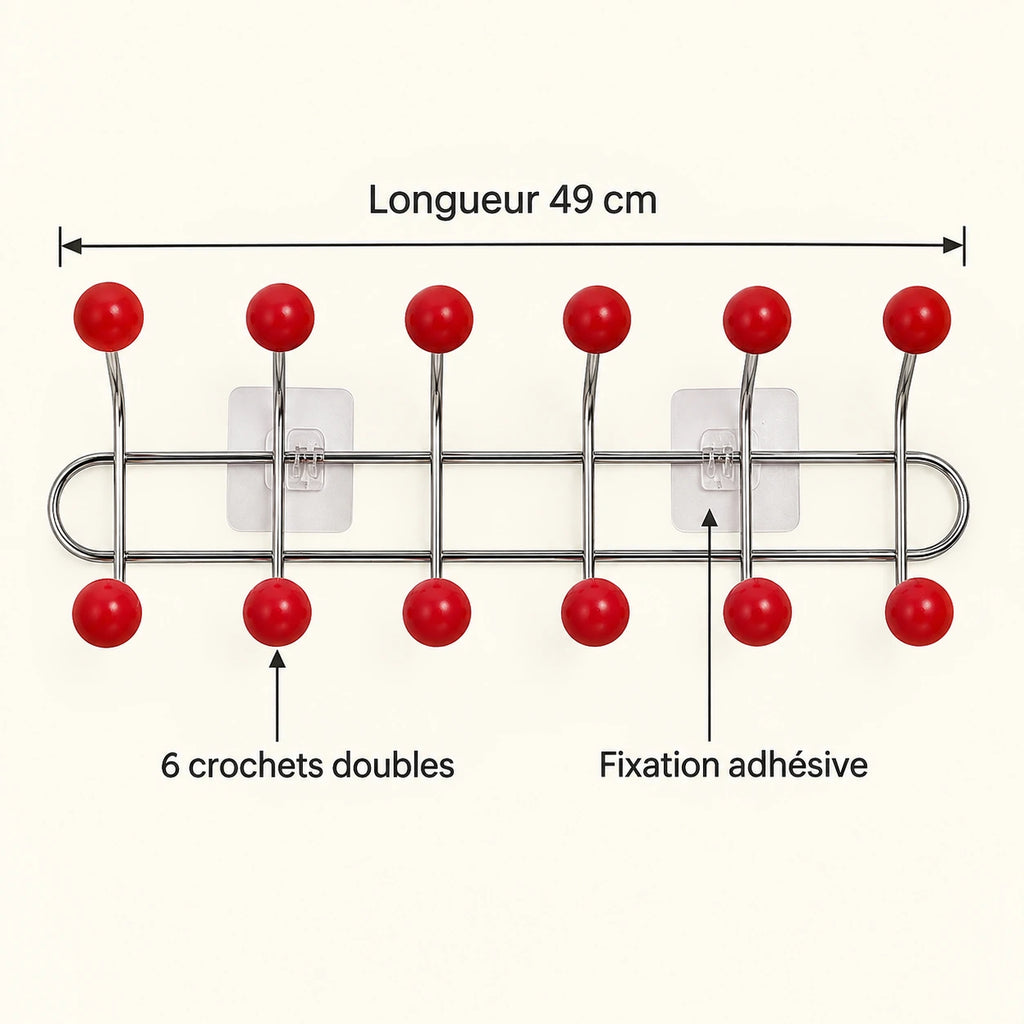 Crochet mural adhésif rouge L - 49 cm : infographie des dimensions et du nombre de crochets