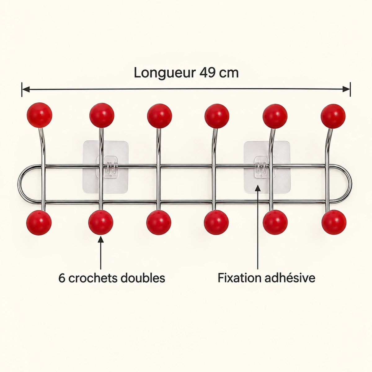 Crochet mural adhésif rouge L - 49 cm : infographie des dimensions et du nombre de crochets