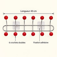 Crochet mural adhésif rouge L - 49 cm : infographie des dimensions et du nombre de crochets